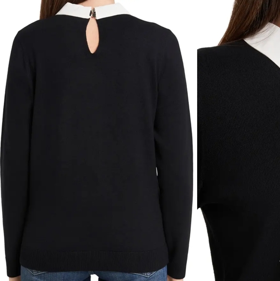 NWT CeCe Women's Rhinestone Collar Bow Neck Cotton Blend Black Sweater - Picture 5 of 10